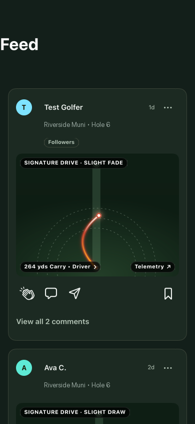 The Clubhouse feed: shared drives shown as glowing tracer cards with reactions and comments.