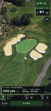 The drive has come down in the rough short of the green, 91 yards to the center; a panel shows 268 yards carry, 288 total, 167 mph ball speed and a 4° draw.
