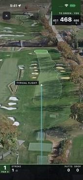 GPS mode: a pale line labeled Typical flight runs up the fairway from the tee, marking an estimated carry.