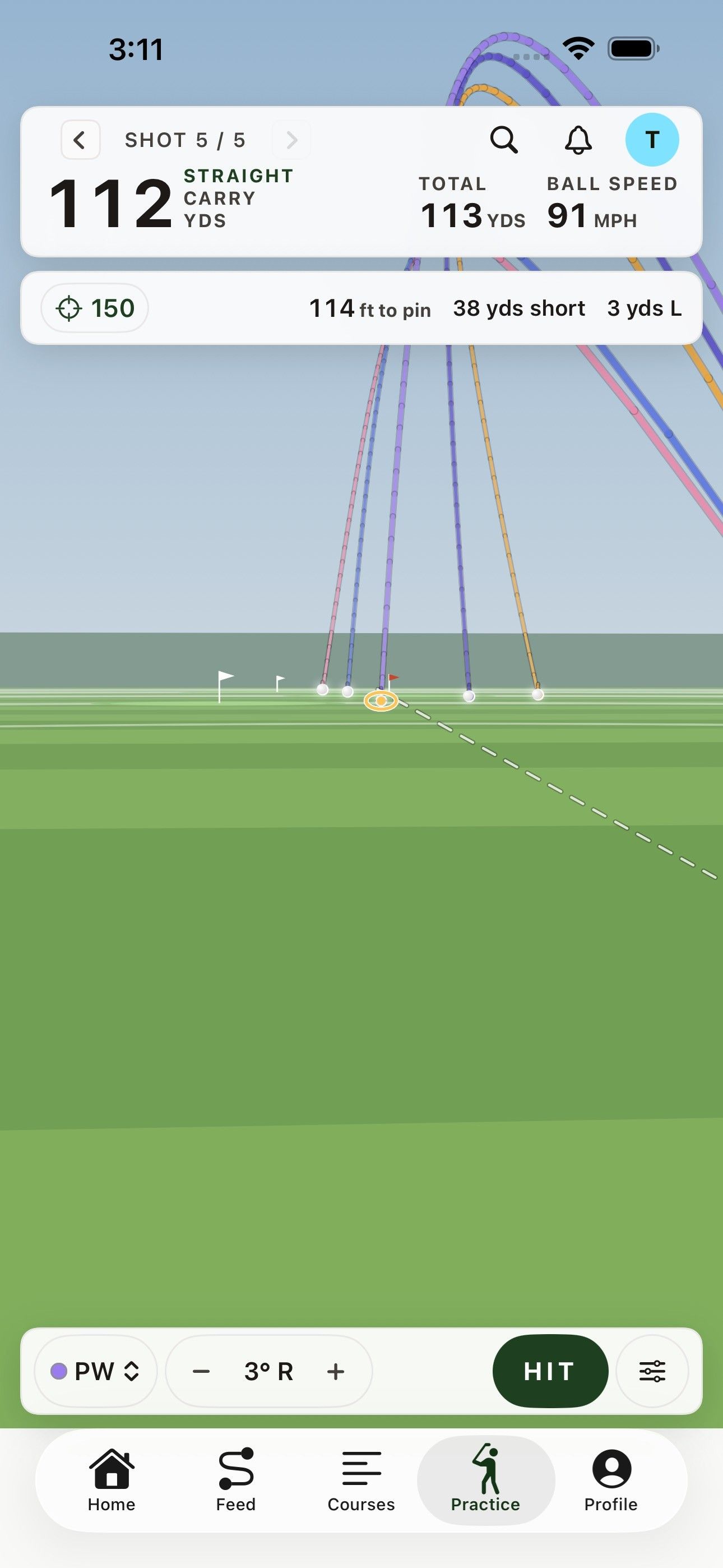 Contrail’s practice range with color-coded ball flights for each club, and the last shot’s carry, total and ball speed.