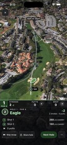 The end-of-hole recap: an aerial view of the hole with two numbered shots, and a hole card reading “Eagle” that lists each shot’s carry.